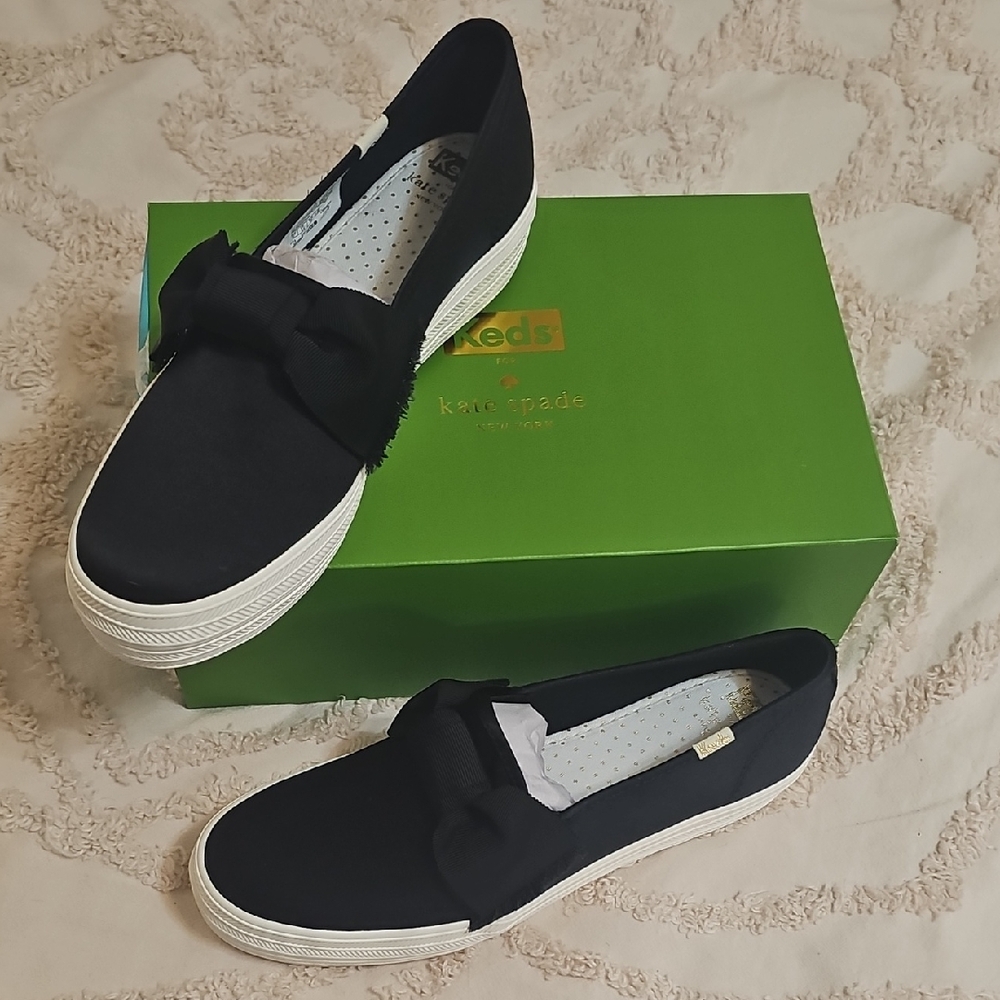 Kate Spade X Keds. Size 9. Black Satin. Bow. Triple Decker. Never Worn